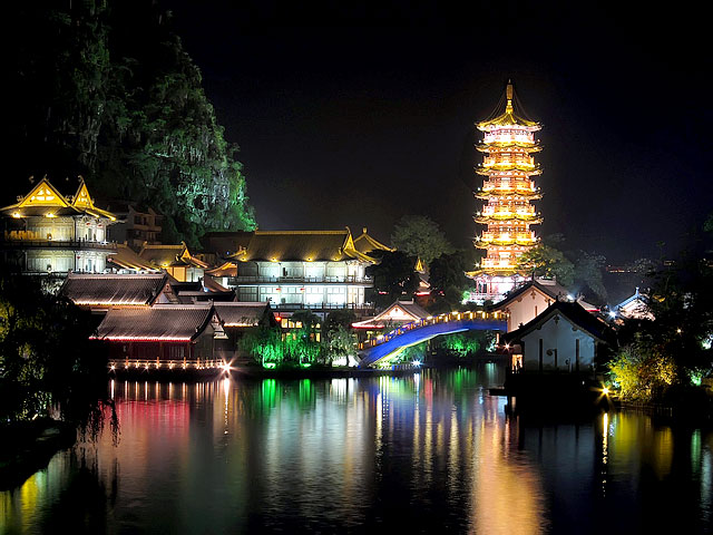 Guilin is illuminated by colored lights in the evening