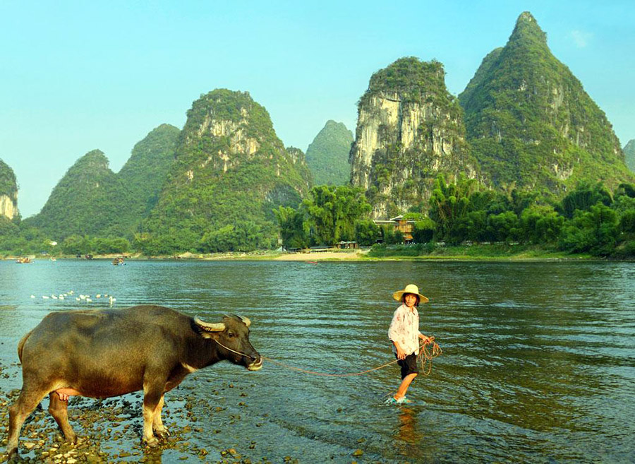 Take a cruise trip on the famous Li River for the peaceful rural scene