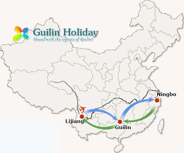 Direct flight route Lijiang-Guilin-Ningbo