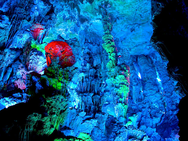 Reed Flute Cave illuminated by colored iighting